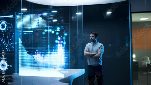 Business Analyst Observing Holographic Data Charts in a High-Tech Smart Office photo