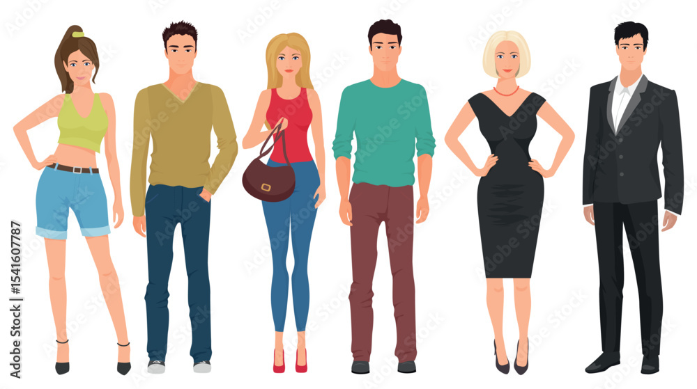 Fototapeta premium Handsome young guys men with beautiful cute girls models couples in casual street modern fashion clothes isolated. Fashionable people set