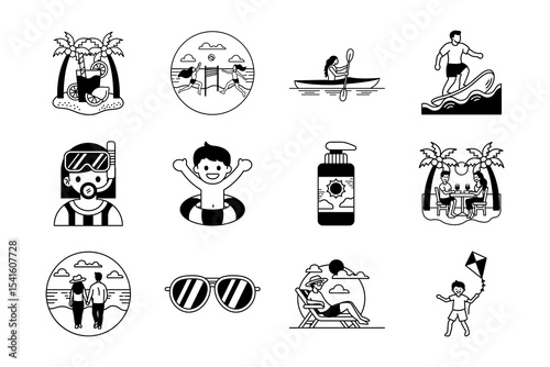 black and white illustration of beach life activity and summer holidays