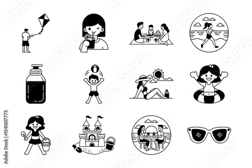 black and white illustration icons of beach life activity and summer holidays