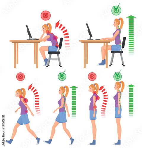 Correct and uncorrect bad sitting and walking position. Walking woman. Sitting woman. Back pain feeling and spinal injuries