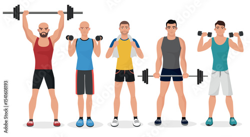 Fitness men male in gym set. Healthy lifestyle guys make exercises and gymnastics with barbells and dumbbells
