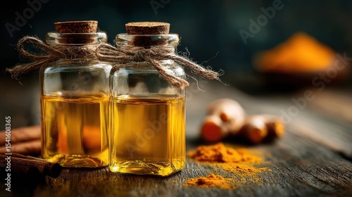 Golden turmeric oil in bottles with clean label-free design on wood