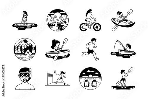 black and white illustration icons of outdoor activity and sports