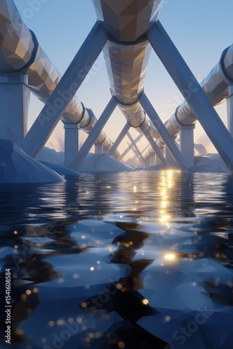 Geometric pipelines over water with sunlit reflections at dusk