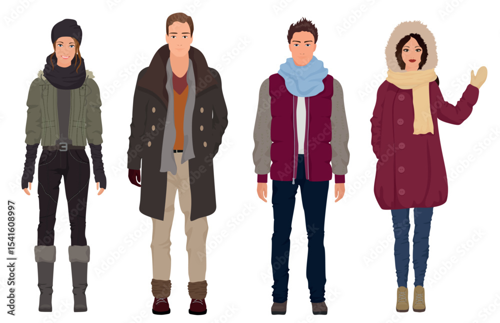 Fototapeta premium Handsome young guys with beautiful girls models in winter warm casual modern fashion clothes isolated. People couples