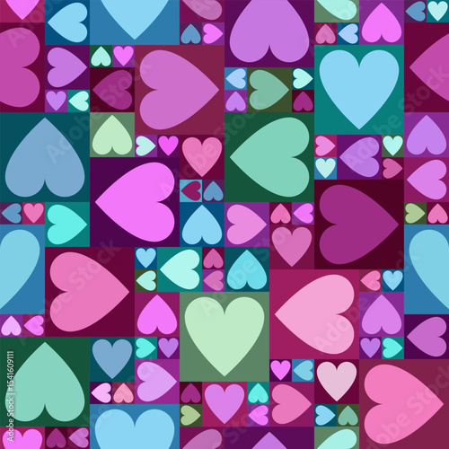 Seamless heart pattern with cool vibrant tones in a grid of pink, teal and ocean colors