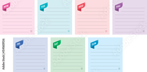 seven days names on colored squares papers. colored papers and days of the week concept. seven days and colored note papers for education, business