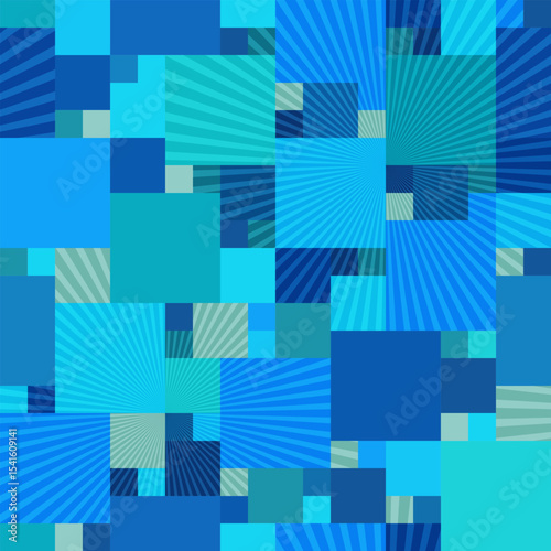 Seamless ocean inspired square pattern with shimmering rays in aquatic pixel style color palette