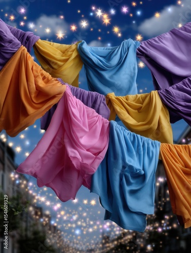 Colorful clothes hanging on a string against a night sky with twinkling lights and clouds, festive atmosphere