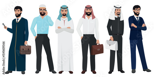 Arabic Business man people. Muslim Arab office male people set