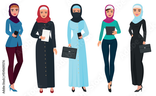 Set of business arab woman character with hijab. Muslim female people vector illustration