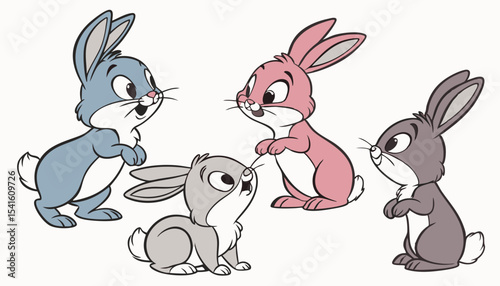 A collection of four cartoon baby rabbits in various colors and poses is set against a white background  