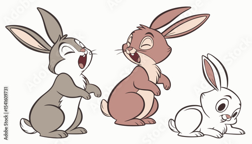 A collection of four cartoon baby rabbits in various colors and poses is set against a white background  