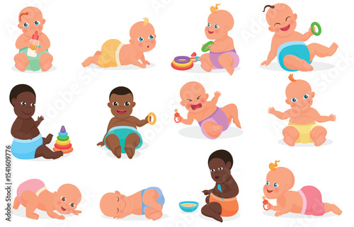 Set with cute little baby in different situations. Playing, sleeping, sitting, lying, crawling baby. Happy smiling newborn boy or girl. Vector illustration.