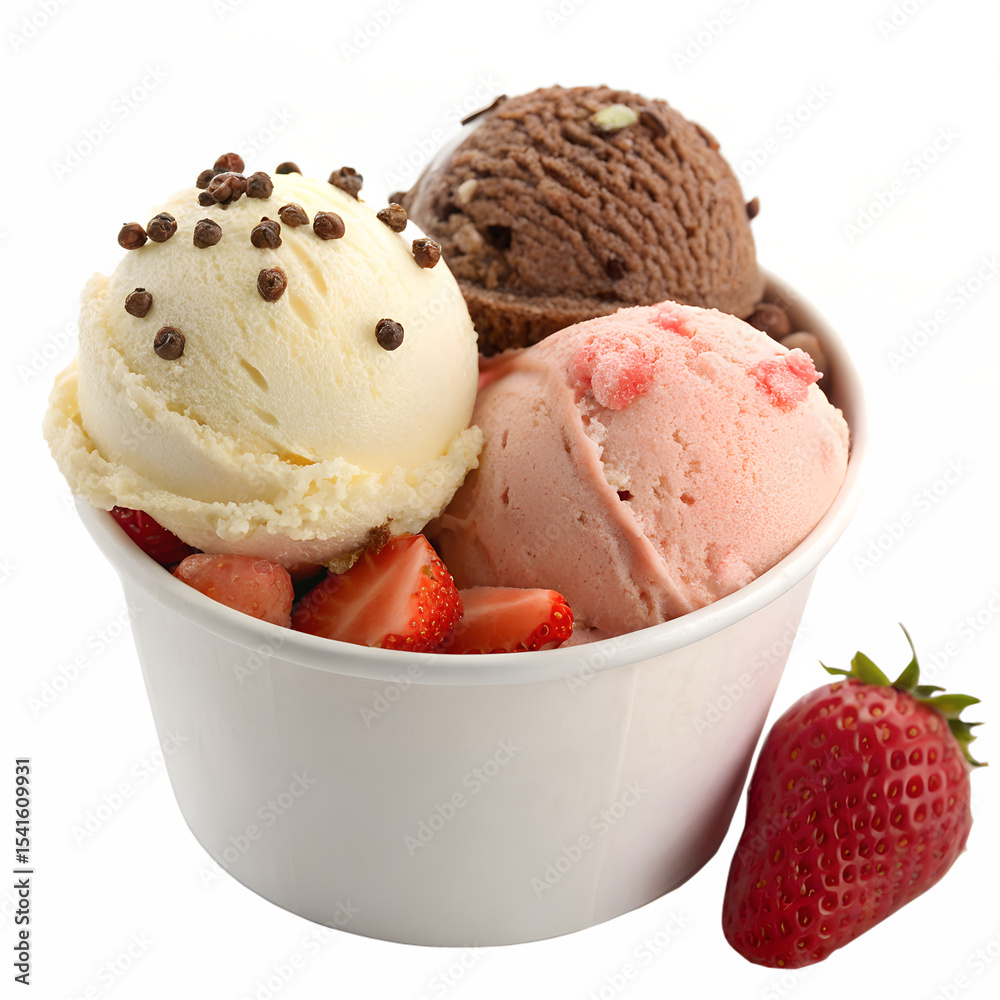 A white paper cup filled with three scoops of ice cream. There is one scoop of vanilla ice cream topped with chocolate sprinkles, one scoop of chocolate ice cream with some light-colored toppings. A white paper cup filled with three scoops of ice cream. There is one scoop of vanilla ice cream topped with chocolate sprinkles, one scoop of chocolate ice cream with some light-colored toppings.