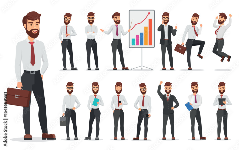 Handsome office businessman character different poses design. Vector cartoon man illustration Handsome office businessman character different poses design. Vector cartoon man illustration