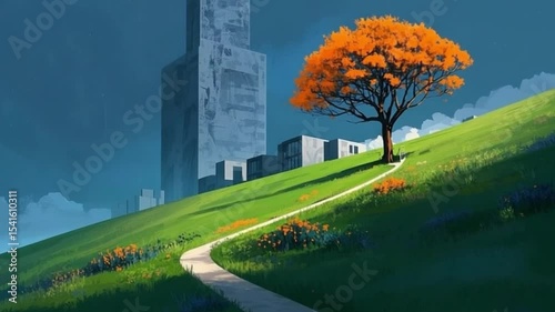 Stunning Animated Cityscape Hillside Path Orange Tree Green Grass Urban Nature Tranquil Scene Peaceful Atmosphere Modern Architecture Bright Sunlight Vibrant Colors Autumnal Hues