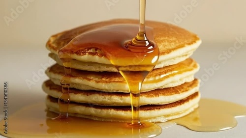 Delicious Golden Brown Pancakes Stack Drizzled Sweet Maple Syrup Breakfast Food Photography Close Up Shot Yummy Sweet Treat Golden Syrup Pouring Pancakes Stacked High Breakfast