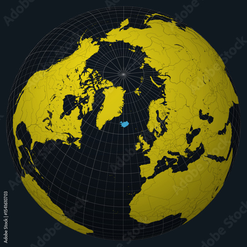 Iceland on Globe. Country view on the world map in Charcoal Bright Yellow color palette. Iceland shape on map. Globe with meridians, parallels, countries, rivers and lakes.