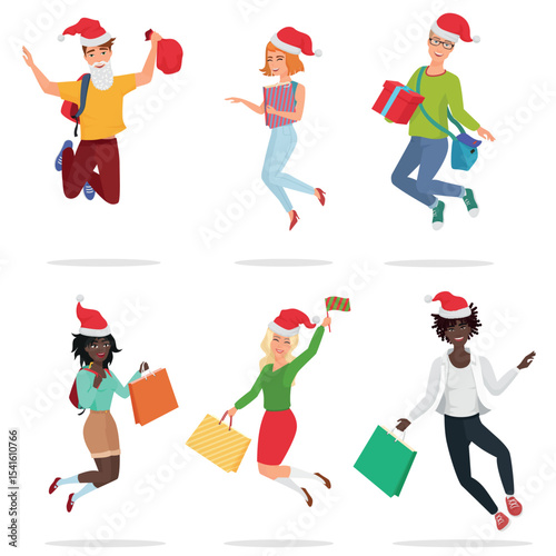 Set of cheerful happy people with gift boxes and Christmas hats
