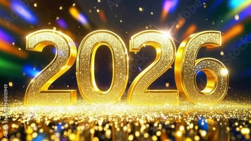 Sparkling Gold 2026 New Year Celebration Animated Numbers Festive Glitter Shimmering Lights Holiday Countdown Luxury Premium Broadcast Quality Motion Graphics Perfect for New
