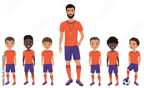 Little school kids football team with a coach. Vector illustration