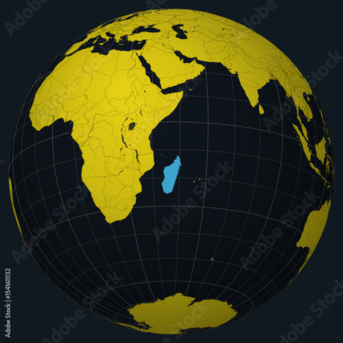 Madagascar on Globe. Country view on the world map in Charcoal Bright Yellow color palette. Madagascar shape on map. Globe with meridians, parallels, countries, rivers and lakes.
