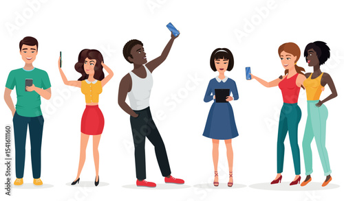 People with gadgets making selfie. Guys and girls, communicating by phone and tablets. Cartoon vector illustration