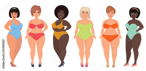 Cartoon vector beautiful plus size curved women in underwear, bathing suit, Female swimsuits
