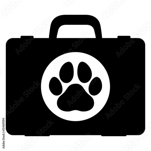 Icono botiquín de mascotas. Viajar con animales de compañía. Silueta de maletín veterinario con pata de perro o gato	