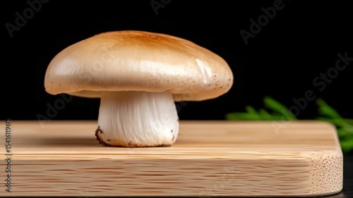 Freshly picked mushroom on a wooden cutting board with green herbs in the background
