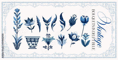 Delfts blauw. Set of graceful linear elements (botanical, fantasy) stylized as Delfts painting of the early 18th century. Vector digital illustrations on a color background with text.
