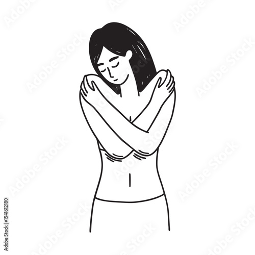 woman hugging herself – line art illustration