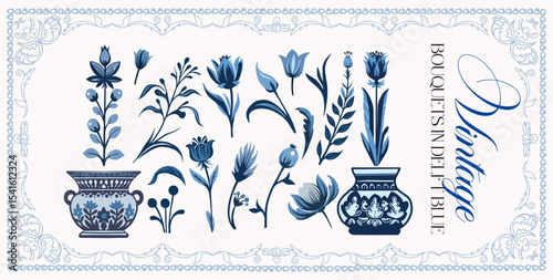 Delfts blauw. Set of graceful linear elements (botanical, fantasy) stylized as Delfts painting of the early 18th century. Vector digital illustrations on a color background with text.