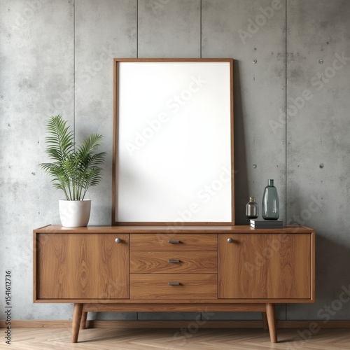 wooden cabinet dresser against concrete wall with empty blank mock up poster frame with copy space