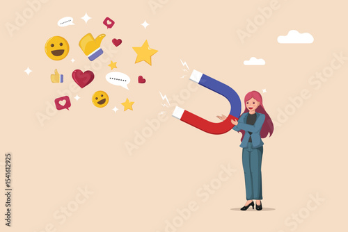 Attracting Positive Customer Feedback: Woman Using a Large Magnet to Draw Thumbs Up, Stars, Hearts, and Happy Emojis for Excellent Service.