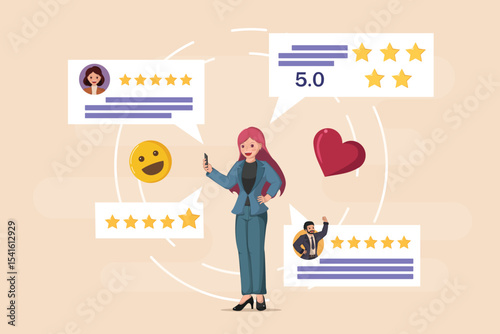 Positive Customer Reviews and High Ratings: Woman Looking at a Smartphone Displaying Multiple Five-Star Feedback Comments and a five Score.