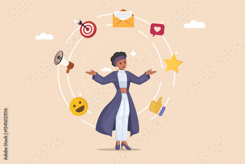 Digital Marketing and Consumer Engagement Strategy: Woman Surrounded by Icons of Social Media, Email, Target, Megaphone, and Customer Feedback.