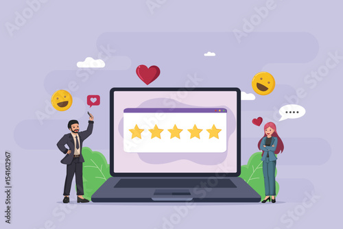 Customer Experience Feedback Concept: Happy Man and Woman Giving Five Star Rating on Laptop for Excellent Service and Satisfaction.
