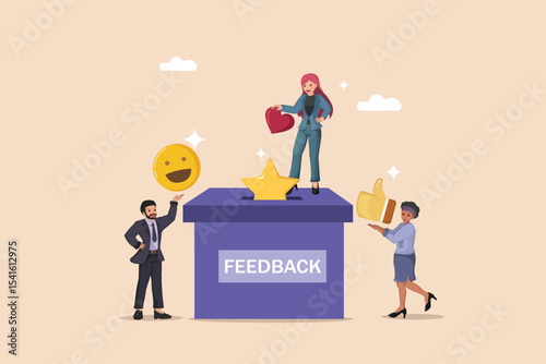 Customer Satisfaction and Feedback Collection: Diverse People Providing Ratings by Dropping Emoji, Star, Heart, and Thumbs Up Icons into a Box.