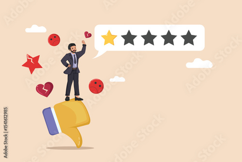 Customer Dissatisfaction and Negative Review: Man Showing Disappointment with One-Star Rating, Thumbs Down, and Unhappy Emojis for Poor Service.