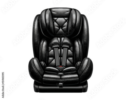 Black leather car seat with safety harness, isolated on transparency background, modern design, comfortable and secure, suitable for child or infant, high quality, luxury style