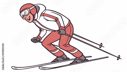 A smiling sportsman character wearing a ski suit is depicted in a vector illustration as a cartoon skier isolated on a white background   