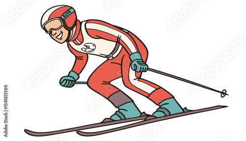 A smiling sportsman character wearing a ski suit is depicted in a vector illustration as a cartoon skier isolated on a white background   