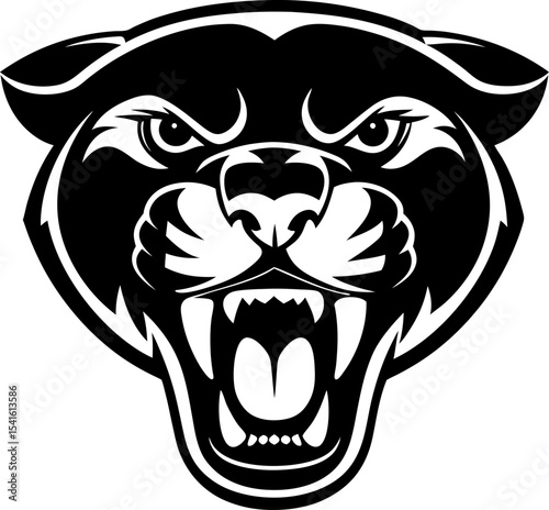 Fierce panther head roaring with open mouth aggressive wildcat mascot, powerful animal symbol, black and white illustration