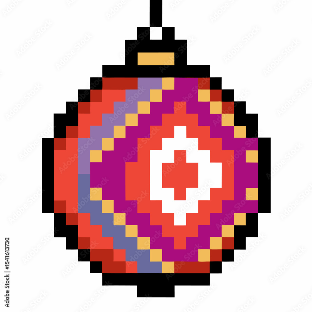 Obraz premium pixel art christmas ornament red round decoration with geometric patterns, festive winter holiday bauble, hanging isolated object