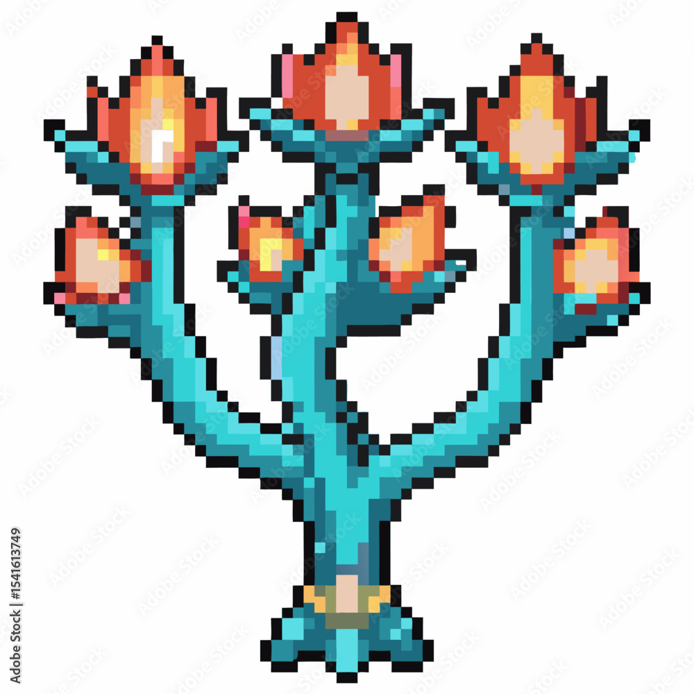 Fototapeta premium Pixel art fantasy plant with glowing red flowers, blue twisting stem, magical tree like botanical illustration