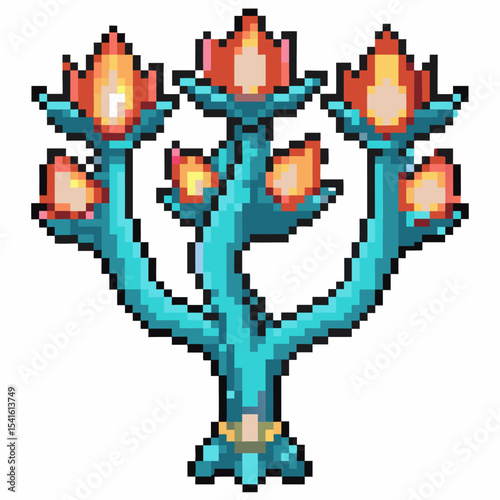 Pixel art fantasy plant with glowing red flowers, blue twisting stem, magical tree like botanical illustration