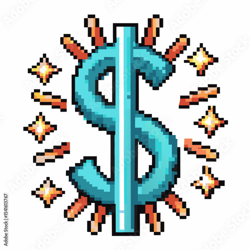 Retro pixel art blue dollar sign with sparkles and rays classic digital finance, wealth and virtual currency symbol illustration